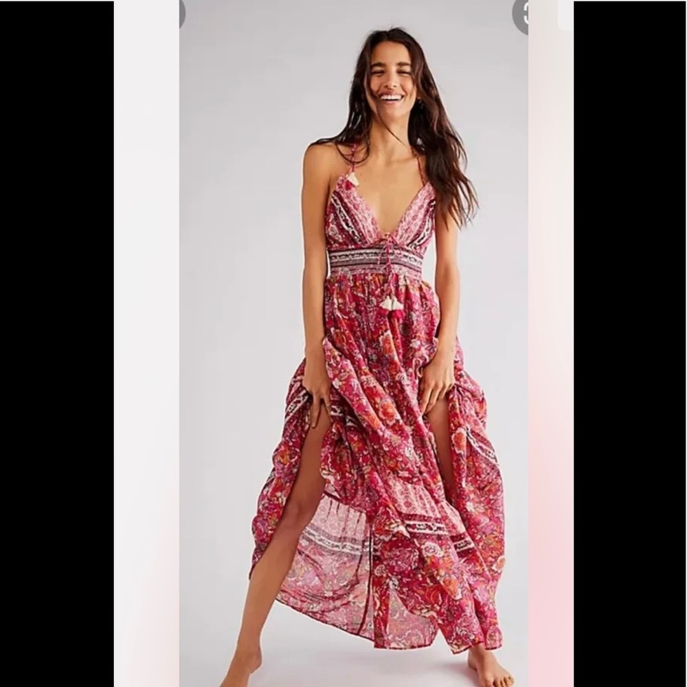 Free People Real Love Boho Floral Maxi Dress Pink Meadow Combo Size Medium $168
